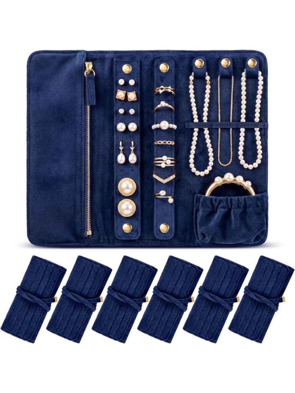 Luxury Velvet Jewelry Roll - 6 Pcs Travel Case for Rings, Necklaces, Earrings